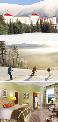 Top: Mount Washington Resort<br>Middle: Skiing at Bretton Woods<br>Bottom: Deluxe King room