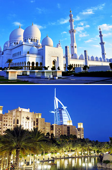 Top: Grand Mosque, Abu Dhabi<br>Bottom: Dubai skyline