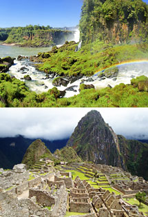 Top: Iguazu Falls<br>Bottom: Machu Picchu