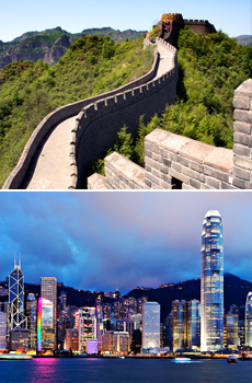 Top: Great Wall of China<br>Bottom: Hong Kong