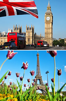 Top: Big Ben in London<br>Bottom: Eiffel Tower in Paris