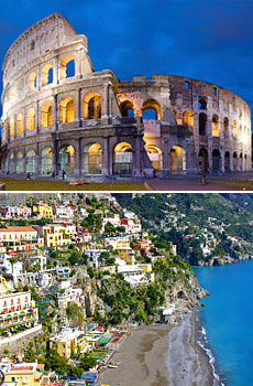 Top: Colosseum in Rome<br>Bottom: Sorrento coast