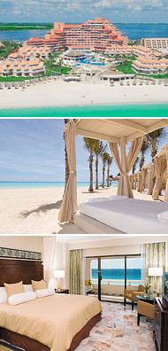 Top: Omni Cancun resort<br>Middle: Beach cabanas<br>Bottom: Deluxe king oceanview
