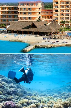 Top: El Cozumeleno Beach Resort<br>Bottom: Scuba Diving in Cozumel