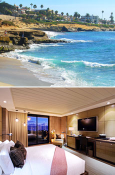 Top: La Jolla Shore Beach<br>Bottom: Oceanview room