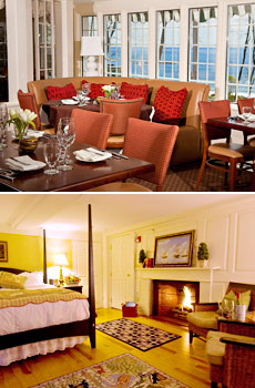 Top: Restaurant<br>Bottom: Luxury room with fireplace