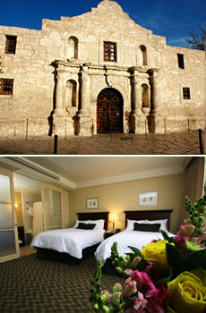 Top: Guests get a free audio tour of the Alamo<br>Bottom: Guest room<br>
