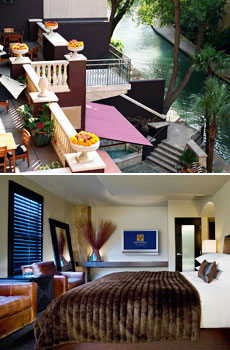 Top: Outdoor seating along the River Walk<br>Bottom: Standard guest room