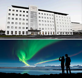 Top: Hotel Cabin<br>Bottom: The Northern Lights