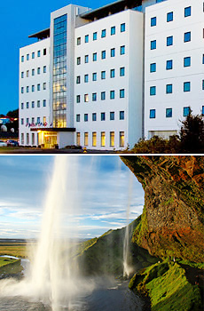 Top: Hotel Cabin<br>Bottom: Seljalandsfoss waterfall