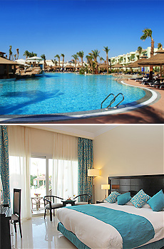 Top: Pool at the Sierra Hotel<br>Bottom: Deluxe Room