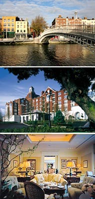 Top:  Ha'penny bridge <br>Middle: Exterior of hotel<br>Bottom:  Afternoon Tea at Four Seasons