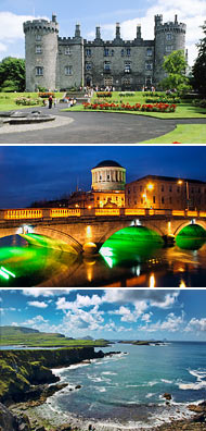 Top: Kilkenny Castle<br>Middle: Dublin<br>Bottom: Ring of Kerry<br>