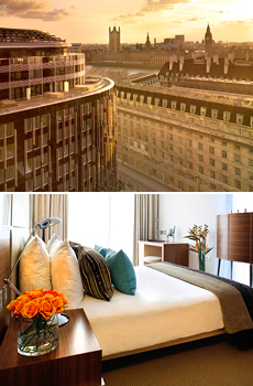 Top: View of Park Plaza Westminster Bridge<br>Bottom: Bedroom at Park Plaza County Hall