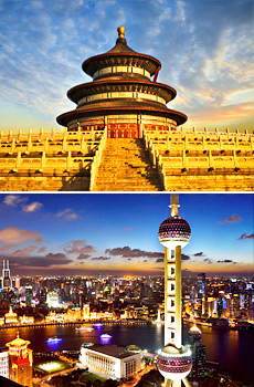 Top: Temple of Heaven<br>Bottom: Oriental Pearl Tower