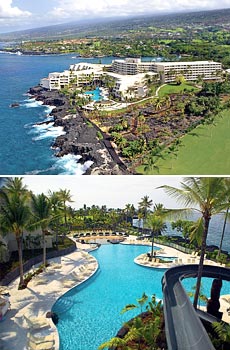 Top: Resort sits on an ancient lava flow<br>Bottom: On-site pool and waterslide