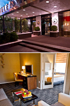 Top: Hotel exterior<br>Bottom: One-bedroom suite