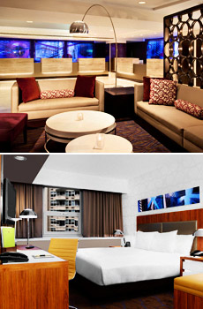 Top: Lobby lounge<br>Bottom: Renovated room
