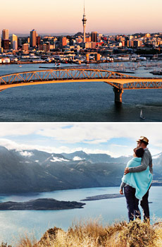 Top: Auckland Harbour<br>Bottom: Lake Wakatipu, Queenstown