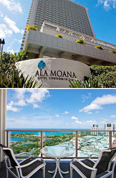 Top: Hotel exterior<br>Bottom: Partial ocean view room