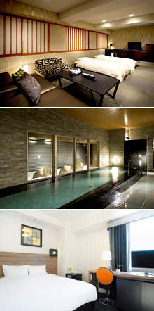 T: Village Kyoto Japanese room<br>M: Village Kyoto hot spring<br>B: Villa Fontaine Shinsaibashi