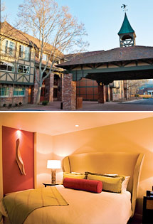 Top: Hotel exterior<br>Bottom: Guest room