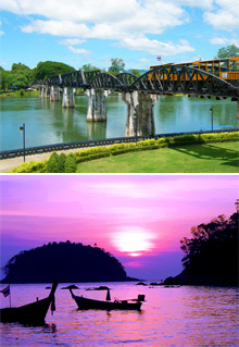 Top: Bridge over River Kwai<br>Bottom: Longtail boats at sunset