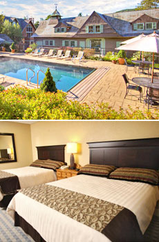 Top: Heated outdoor spa pool<br>Bottom: Guestroom