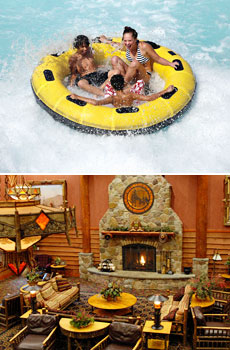 Top: White Water Bay water park<br>Bottom: Hotel lobby