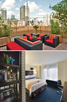 Top: View from rooftop bar<br>Bottom: Room with queen bed