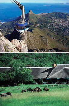 Top: Table Mountain cable car ride<br>Bottom: Bakubung Bush Lodge <br>