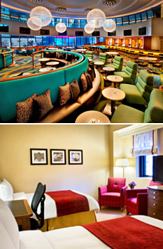 Top: Marriott Marquis’ Broadway Lounge<br>Bottom: Marriott East Side Guestroom