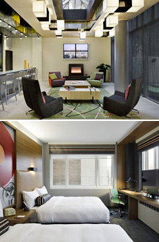 Top: Lobby<br>Bottom: Room with two queen beds