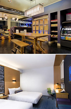 Top: Re:Fuel lounge<br>Bottom: Room with two double beds