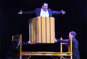 "No Feet"  Nathan floats above a platform on stage.