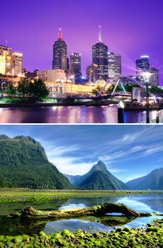 Top: Melbourne<br>Bottom: Milford Sound, Fjordland National Park